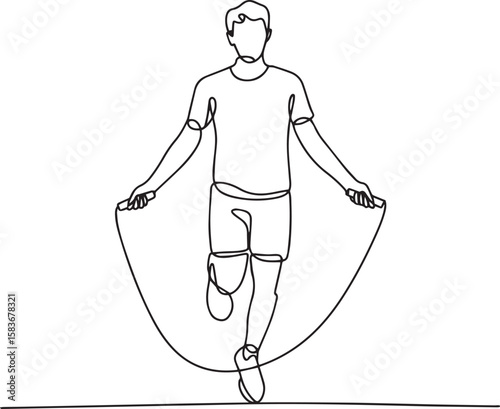 Continuous line art drawing of young man jumping with skipping rope, minimalist fitness exercise illustration

