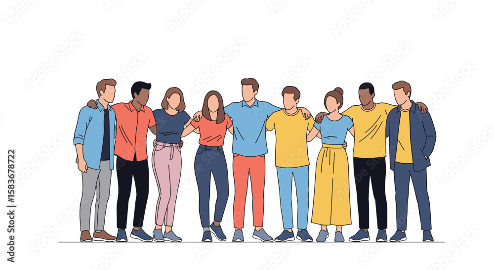 Obraz premium A diverse group of friends standing together embracing each other with arms around shoulders