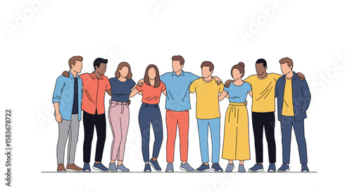 A diverse group of friends standing together embracing each other with arms around shoulders