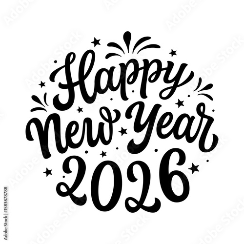 Happy New year 2026. Hand lettering black text in a round shape isolated on white background. Vector typography for posters, cards, holiday decor, Christmas balls, ornaments