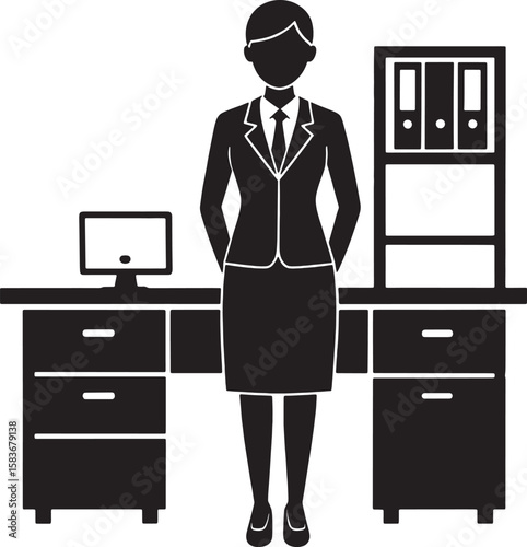 Businesswoman at Office Desk Icon Of Professional Female Employee, Secretary, or Manager Symbol for Corporate Environment