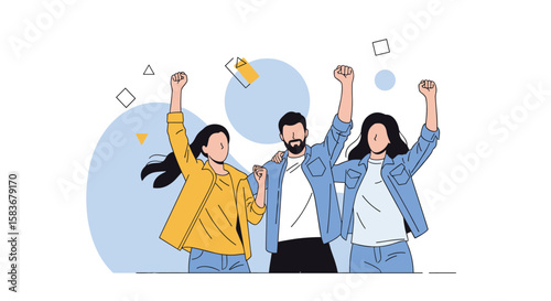 Celebrating a triumph together with jubilant friends raising their arms in joyful exultation