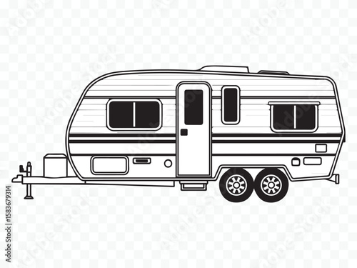 detailed rv caravan vector drawing, vintage camping trailer graphic for travel, wanderlust designs, outdoor journey compositions