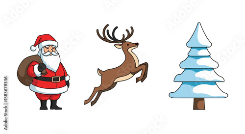 Pixel art christmas characters and winter scene elements featuring santa claus a reindeer and a snowy fir tree