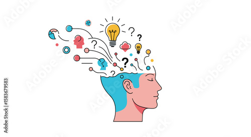 Illustration of a human head with ideas and thoughts emanating from it in a colorful and creative burst of abstract shapes and symbols representing innovation and creativity
