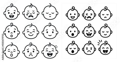 The image is a collection of baby faces with different expressions. The first row of faces has a sad expression, while the second row has a happy expression