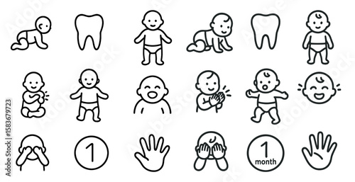 Series of baby icons, including a smiling baby, a baby holding a toy, and a baby with a toothbrush