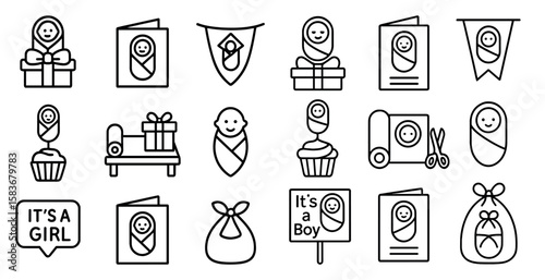 Collection of baby-themed icons, such as a baby, a cupcake, a sign, and a gift. These icons are often used in baby-related products, such as baby clothes, toys, and decorations