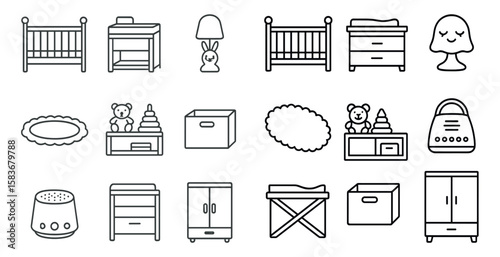 Collection of baby furniture and accessories, including a crib, changing table, and toy chest. Scene is playful and cute, with the teddy bear and other toys adding a sense of warmth