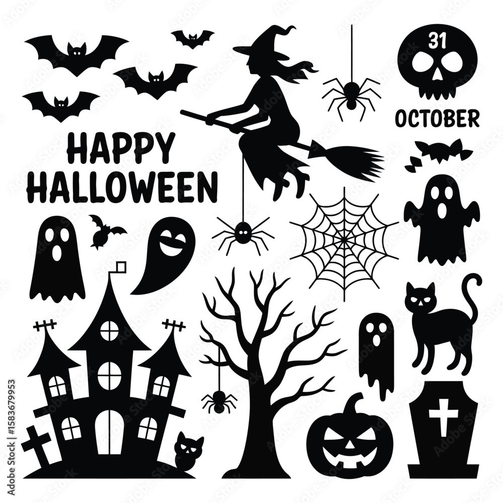 Fototapeta premium Happy halloween ghost and skeleton vector icons set 