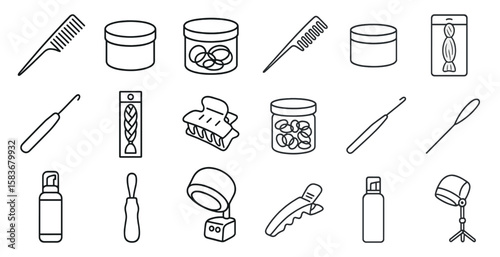 Collection of hair care tools and products. The image is a collection of various hair care tools and products, including combs, brushes, and hair dryers. Scene is that of a salon or beauty store