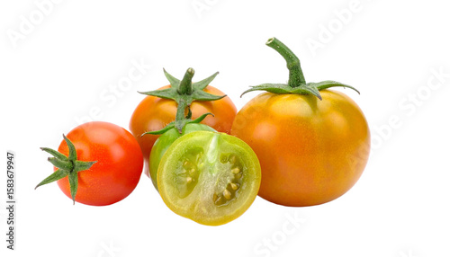 Fresh tomatoes exhibit vibrant colors and ripeness against a stark transparent background, including a halved green tomato showcasing its juicy interior.