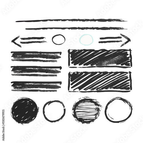 Hand drawn line chalk brush stroke arrow icon set. Chalk crayon underline, check mark, scribble and texture in rough hand sketch style. Drawn heart, frame, star design shapes. Vector illustration