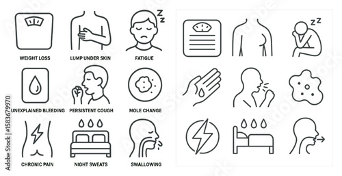 Series of health-related icons, including a scale, a hand, and a person with a cough. The icons are arranged in a grid, with some overlapping each other. Scene is serious and informative