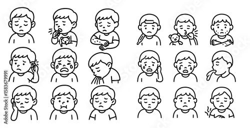 Series of drawings of children with various ailments. The drawings are in black and white and are of varying sizes. The mood of the images is somber and serious