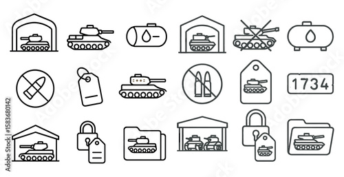 Set of military icons including a tank, a gun, a building, and a garage. The icons are all in black and white