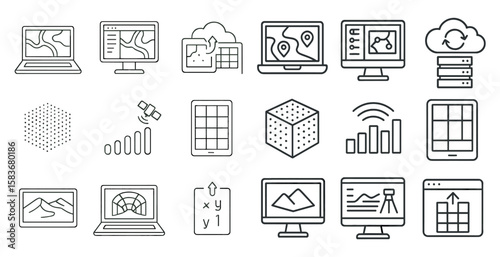 Set of icons for technology and business. The icons include a laptop, tablet, computer monitor, and a cloud