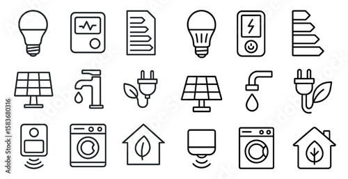 Collection of icons for home appliances and energy efficiency. The icons include a light bulb, a washing machine, a refrigerator, a sink, a phone, a laptop, a tablet, a computer, a television