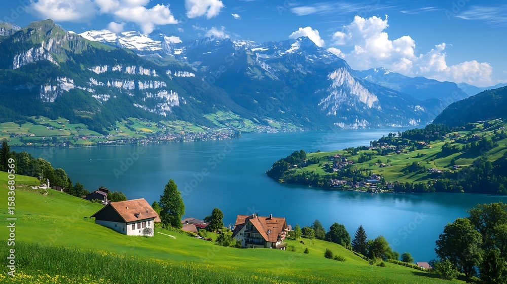 Fototapeta premium Landscape view of lake lucerne with mountains and houses on green hillsides