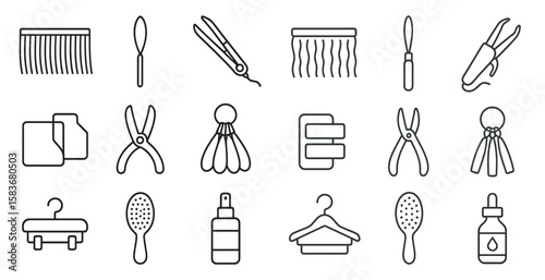 Collection of hair care tools and accessories. The image is a collection of various hair care tools and accessories, including combs, scissors, and hair dryers