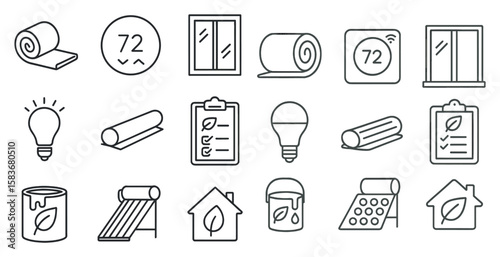 Set of icons for home appliances and tools. The icons include a light bulb, a thermostat, a clipboard, a bucket, a house, a window, and a house with a roof