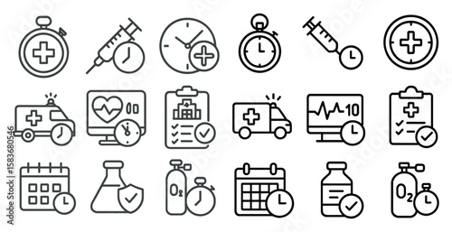 Set of medical icons including a clock, syringe, and a hospital. The icons are arranged in a grid and are all in black