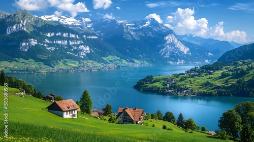 Fototapeta Naklejka Na Ścianę i Meble -  Landscape view of lake lucerne with mountains and houses on green hillsides
