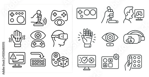 Set of icons for video games and virtual reality. The icons include a keyboard, a game controller, a joystick, a mouse, a headset, and a computer monitor. The icons are arranged in two rows