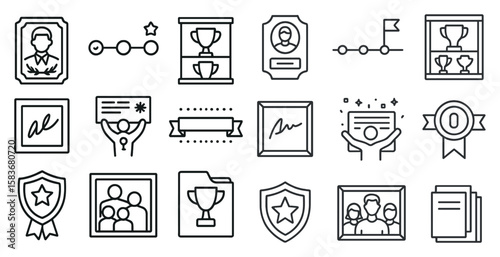 Collection of symbols and icons, including a man holding a trophy, a star, and a shield