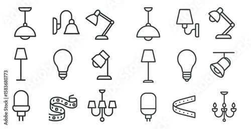 Set of light fixtures, including lamps, are shown in a grid. The light fixtures are arranged in a variety of sizes and shapes, and they are all connected to a central theme of illumination