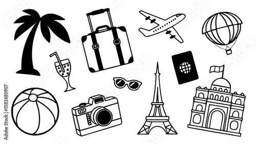 A detailed vector pack of travel and vacation-themed icons, including suitcases, airplanes, cameras, passports, tropical drinks, beach balls, and landmarks. Each icon features vivid colors and high co