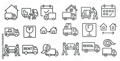 Series of black and white icons depicting various types of trucks and people. The icons include a rental truck, a moving truck, a delivery truck, and a truck with a broken window