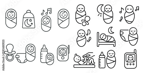 Set of baby icons depicting various stages of a baby's life, including sleeping, feeding, and playing