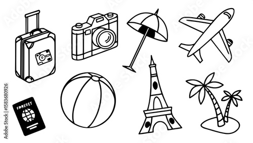 A detailed vector pack of travel and vacation-themed icons, including suitcases, airplanes, cameras, passports, tropical drinks, beach balls, and landmarks. Each icon features vivid colors and high co