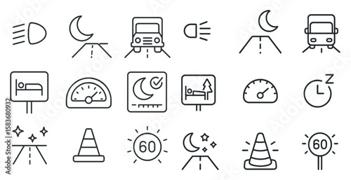 Set of road signs and symbols, including a speedometer, a stop sign, and a speed limit sign
