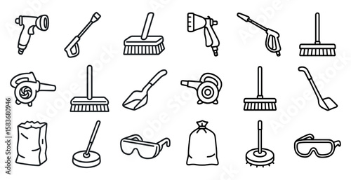 Set of cleaning tools and equipment are shown in a line drawing. The tools include a broom, a dustpan, a vacuum cleaner, a mop, a brush, a bucket, a dustbin, a pair of safety glasses