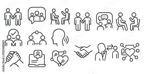 Series of icons depicting people in various social situations. The icons include a handshake, a person sitting in a chair, a person holding a cell phone, and a person looking at a laptop