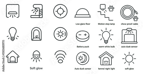 Set of icons for various home appliances and lighting. The icons include a light bulb, a dog, a cat, a house, and a dog house. The icons are arranged in a grid, with some overlapping each other