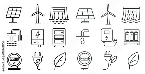 Collection of icons for various energy sources, including wind, solar, and hydroelectric power. The icons are all drawn in a simple, minimalist style, with a focus on the shapes