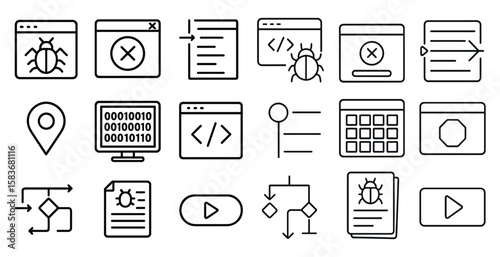 Set of icons for a computer program. The icons include a computer monitor, a keyboard, a mouse, a calendar, a map, and a video player