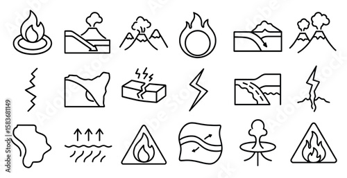 Series of black and white icons depicting various natural disasters. The icons include a volcano, a mountain, a fire, and a river