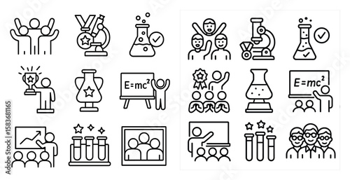 Collection of science-related icons, including a man holding a trophy, a man holding a baseball bat, and a man holding a baseball glove