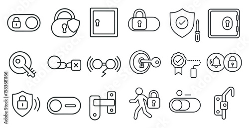 Set of icons for security and locks. The icons include a key, a lock, a bell, and a shield