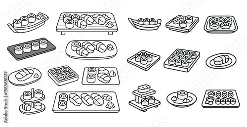 Collection of sushi dishes are shown in a black and white style. The sushi is arranged on plates and bowls, with some of the dishes featuring a variety of different types of sushi