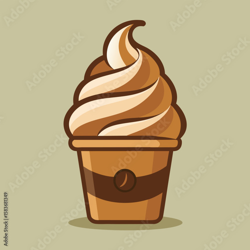 Ice cream swirl in a coffee cup cone displayed against a muted background. Simple. graphic design of a coffee flavored ice cream in a paper cup cone.