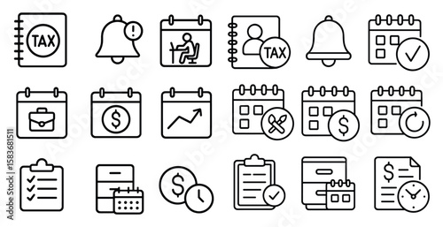 Set of black and white icons for a calendar, including a bell, a dollar sign, and a clock