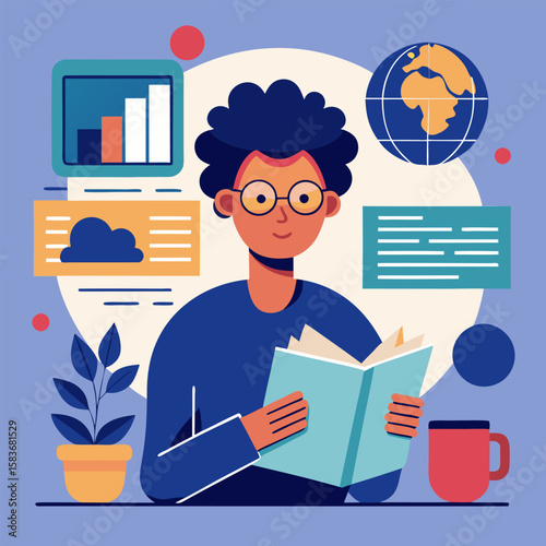 Young adult male in casual clothing engrossed in reading a book in a modern office setting. Student researcher reviewing data and global trends in a home office environment.