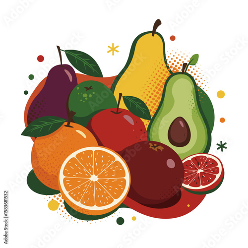 Colorful assortment of fruits including oranges, apples, and avocados  