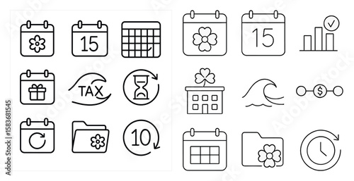 Set of icons for a calendar app. The icons include a house, a clock, a flower, a wave, a building, a house, a tree, a house, a house, a house, a house, a house