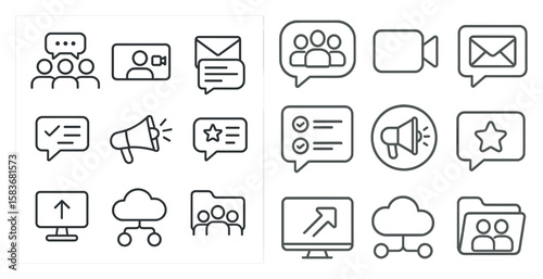Set of icons for various social media platforms. The icons include a microphone, a star, a check mark, and a cloud. The icons are arranged in a grid, with some overlapping each other